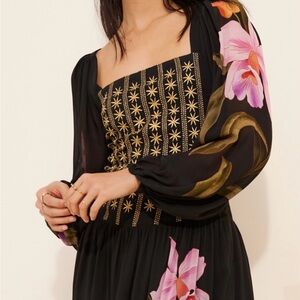 FARM Rio Black Floral Embroidered Square-Neck Maxi Dress